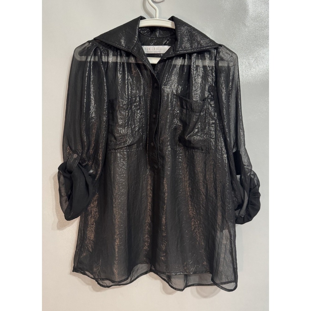 Hunter Bell XS Black 100% Silk Sheer Top Roll Tab Sleeve Button Blouse Designer